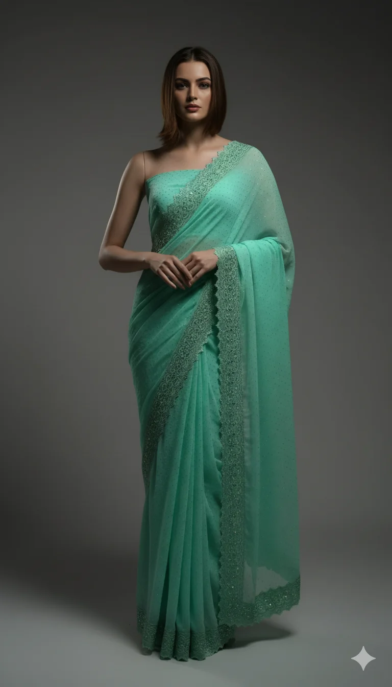 Pista Zari thread mirror Diamond Work Saree