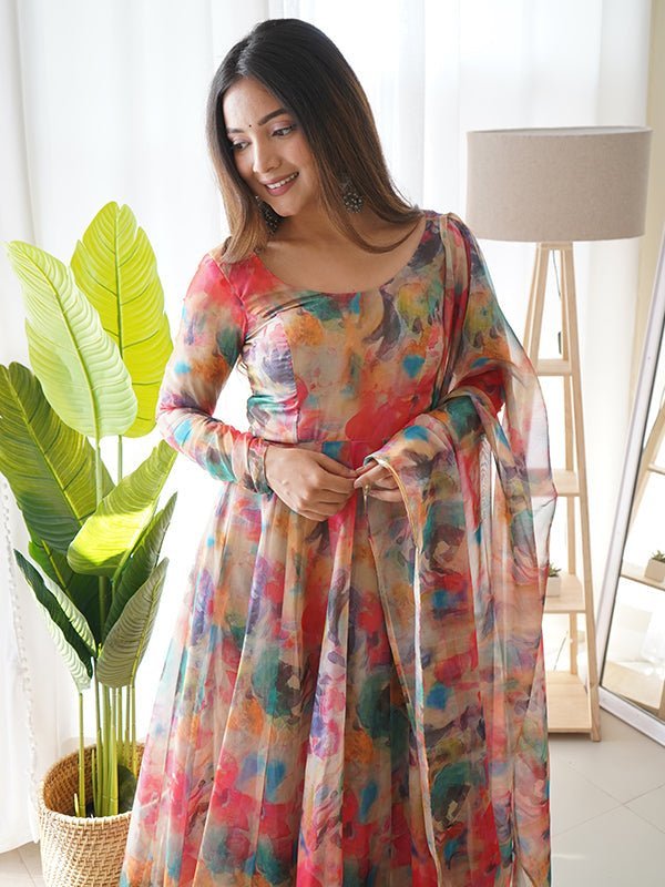 Orange Stains Organza Printed Anarkali Gown With Pant & Dupatta Set - Image 4
