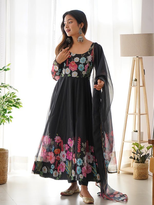 Flower Black Printed Anarkali Gown With Pant & Dupatta Set - Image 3