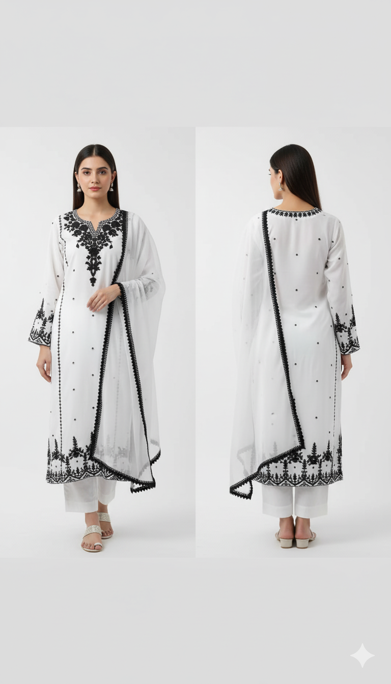 Women's Black & White Chinon Embroidered Kurta Palazzo Set with Embroidered Dupatta β Elegant Ethnic Ensemble