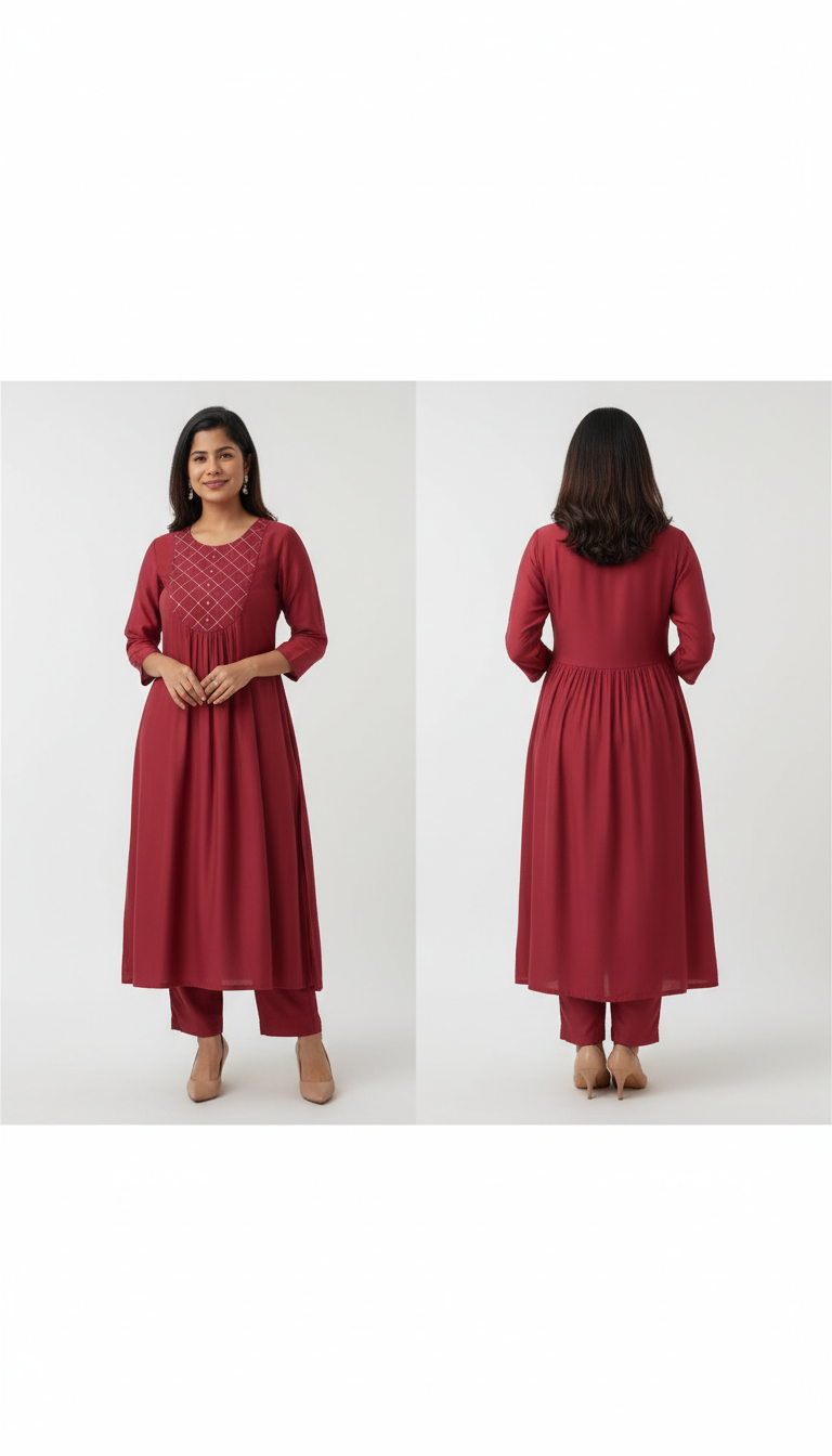 Maroon Ethnic Motifs Embroidered V-Neck Mirror Work Anarkali Kurta β Regal Ethnic Elegance for Women