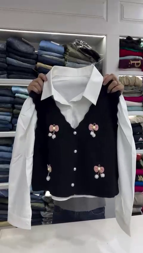 Women's Long Sleeve Shirt with Knitted Sleeveless Vintage Oversized Cute Sweaters - Image 3