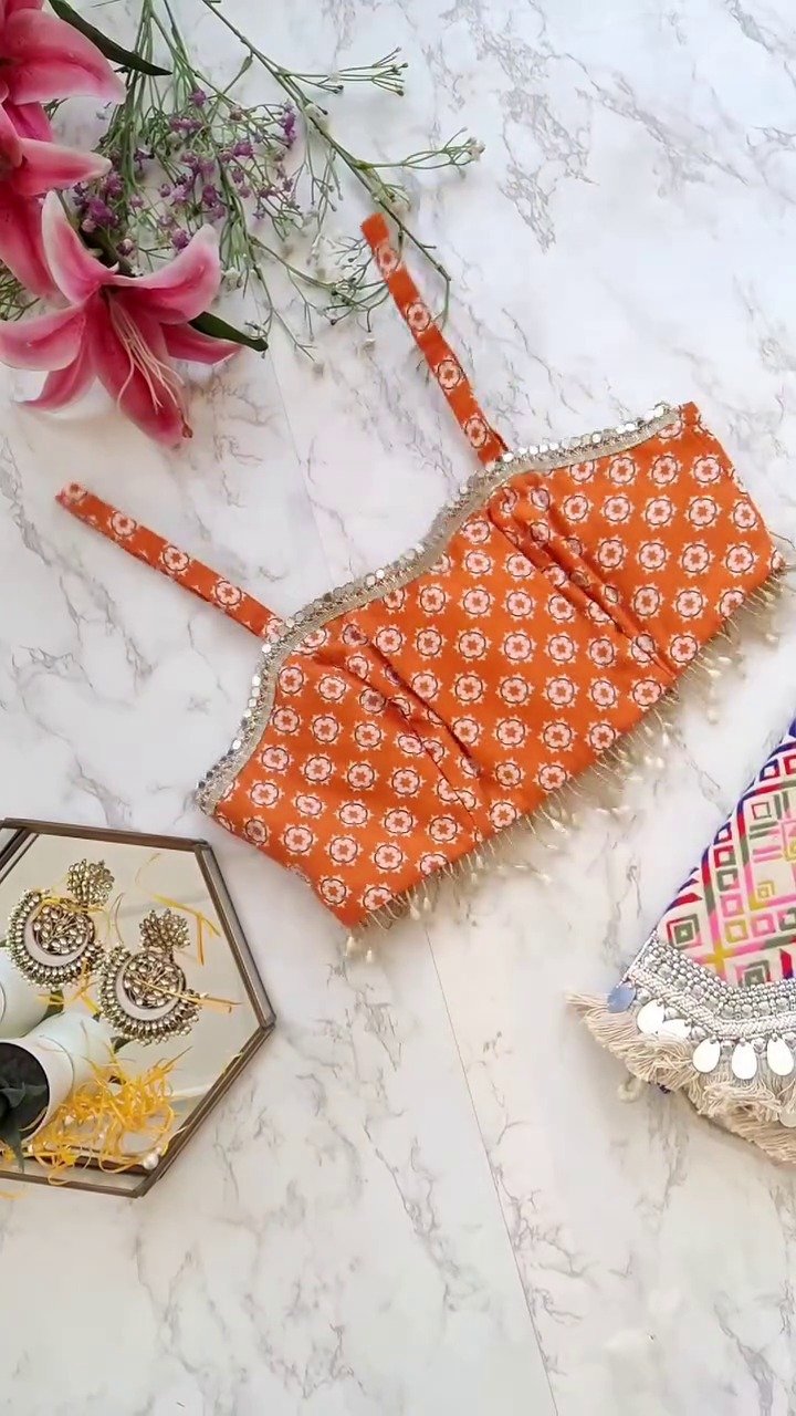 Burnt Orange Printed Mirrorwork Crop Top Jacket Set - Image 2