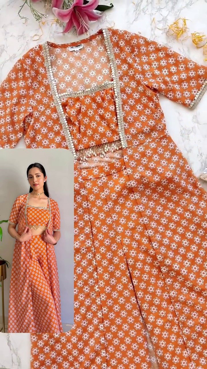 Burnt Orange Printed Mirrorwork Crop Top Jacket Set - Image 3