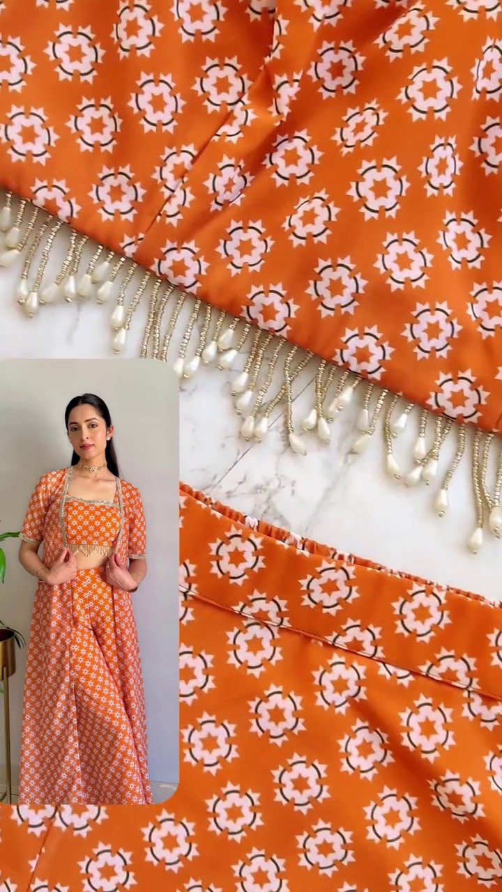 Burnt Orange Printed Mirrorwork Crop Top Jacket Set - Image 4