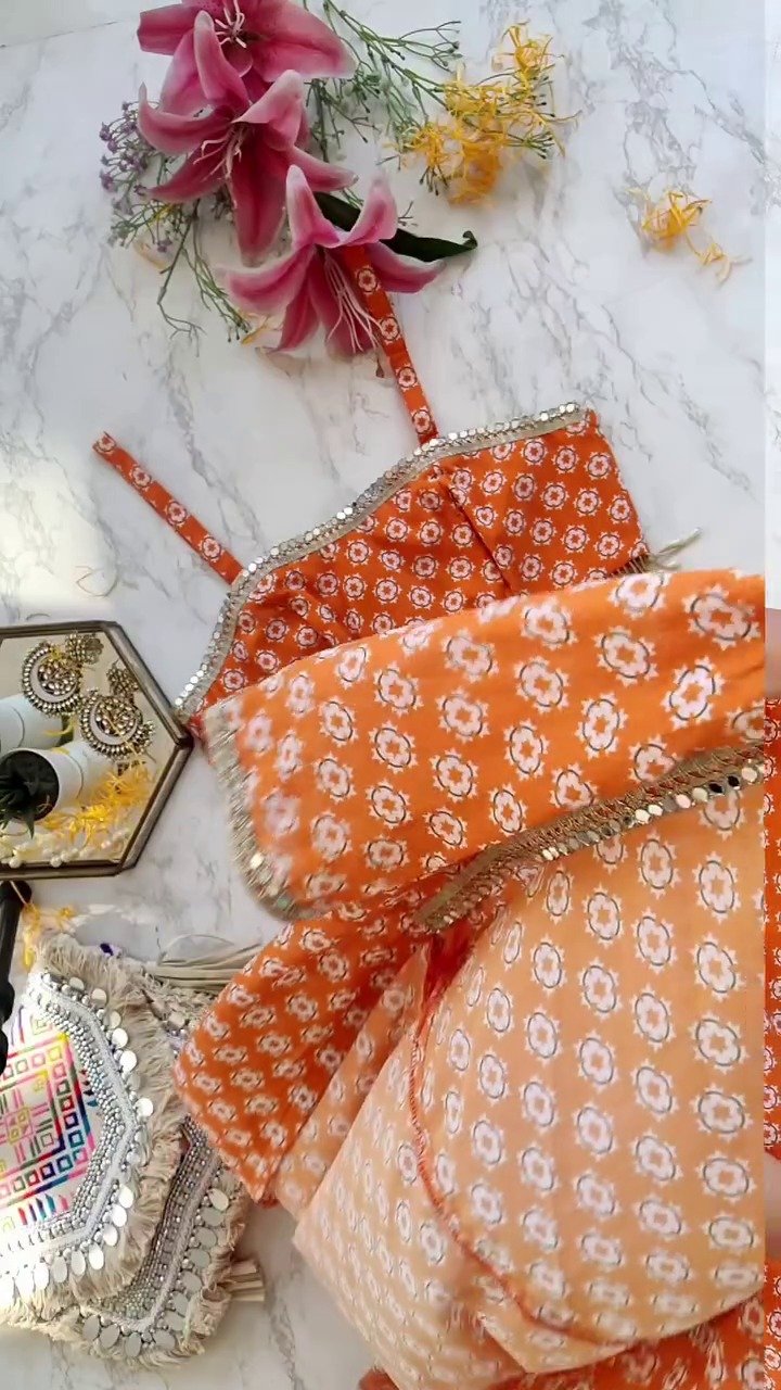 Burnt Orange Printed Mirrorwork Crop Top Jacket Set - Image 5