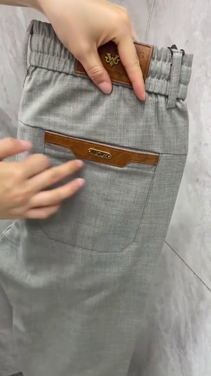 Men’s Grey Formal Stretch Trousers with Leather Accent Pockets - Image 2