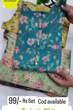 Women Teal Floral Print Cotton Silk Kurta Set with Pink Pant